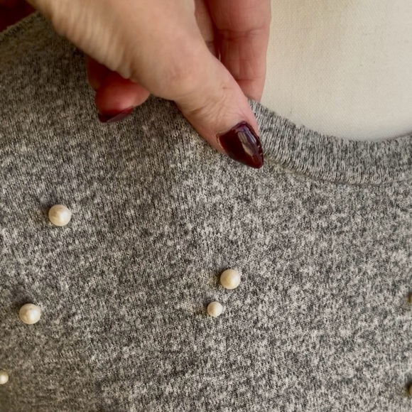 Zara Heather Gray Pearl Studded Short Sleeve Sweater - Picture 6 of 9